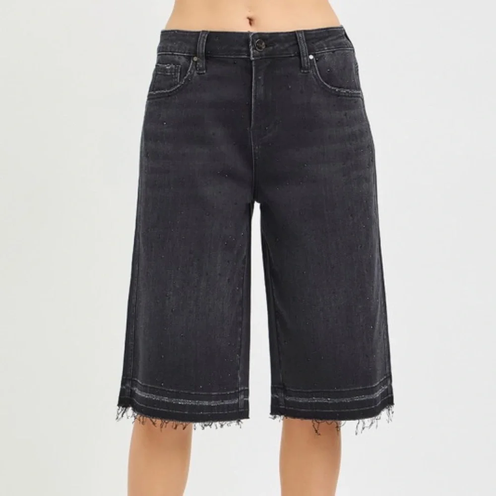 Mineral Wash Black  Rhinestone Detail Raw Hem Denim Shorts Jorts